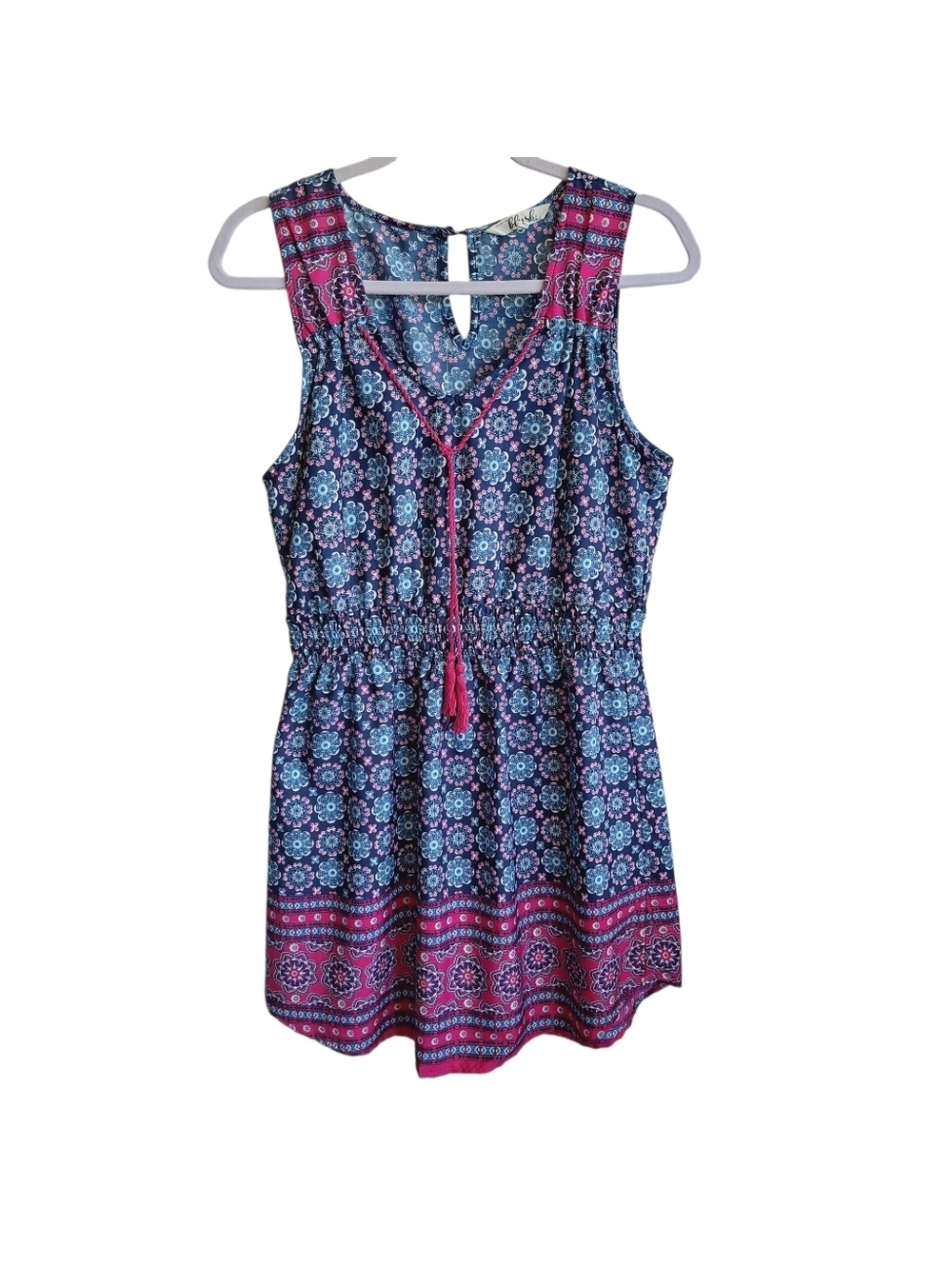 Blush Vibrant Blue, Pink Graphic DisneyBound Milkmaid Mini Dress Large Boho Chic